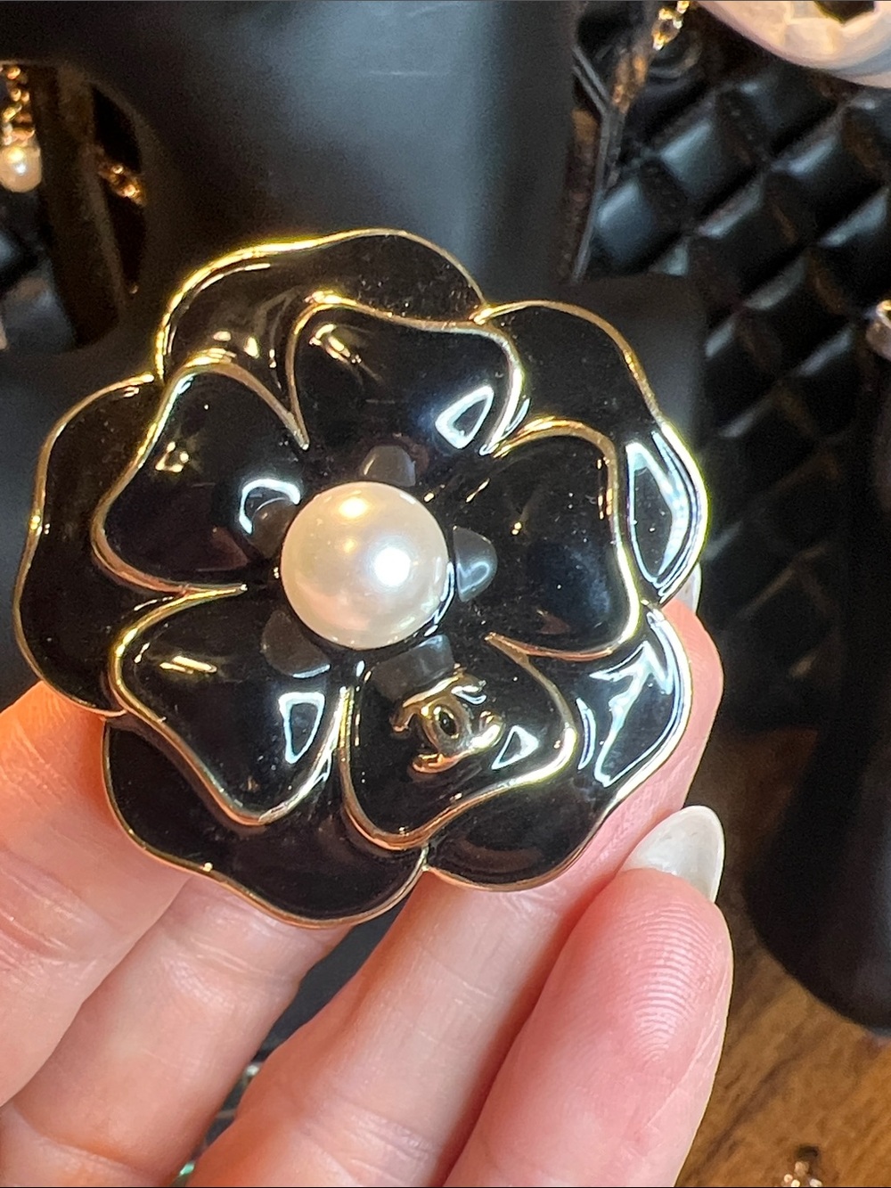 Black Camellia Flower Brooch with Pearl Center
